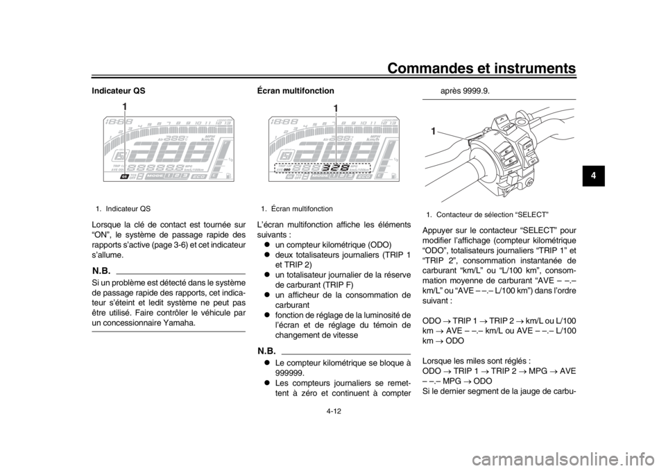 YAMAHA MT-10 2020 Notices Demploi (in French) Commandes et instruments
4-12
1
2
345
6
7
8
9
10
11
12
Indicateur QS
Lorsque la clé de contact est tournée sur
“ON”, le système de passage rapide des
rapports s’active (page 3-6) et cet indic YAMAHA MT-10 2020 Notices Demploi (in French) Commandes et instruments
4-12
1
2
345
6
7
8
9
10
11
12
Indicateur QS
Lorsque la clé de contact est tournée sur
“ON”, le système de passage rapide des
rapports s’active (page 3-6) et cet indic