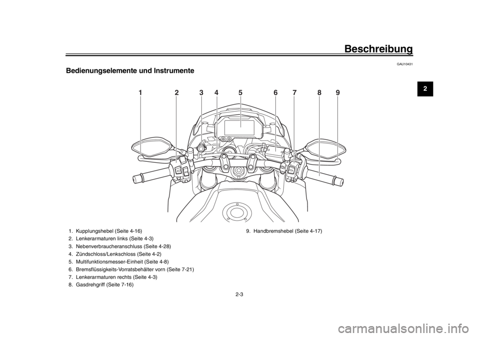 YAMAHA MT-10 2019  Betriebsanleitungen (in German) Beschreibung
2-3
123
4
5
6
7
8
9
10
11
12
GAU10431
Bedienungselemente und Instrumente
12 456789
3
1. Kupplungshebel (Seite 4-16)
2. Lenkerarmaturen links (Seite 4-3)
3. Nebenverbraucheranschluss (Seit