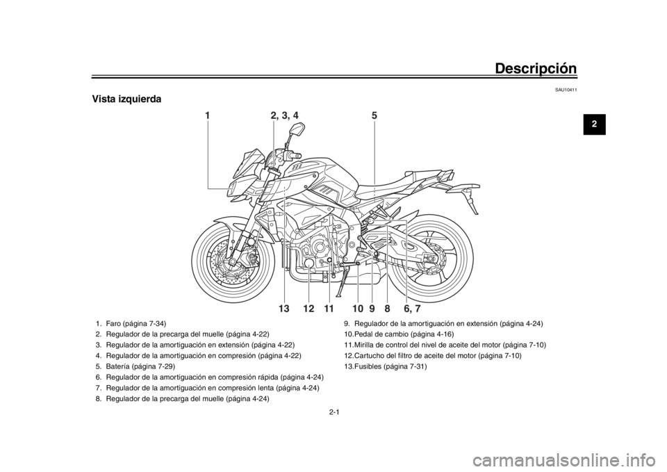 YAMAHA MT-10 2018  Manuale de Empleo (in Spanish) 2-1
123
4
5
6
7
8
9
10
11
12
Descripción
SAU10411
Vista izquierda
1
6, 7
2, 3, 4 5
98
10
11
1213
1. Faro (página 7-34)
2. Regulador de la precar ga del muelle (página 4-22)
3. Regulador de la amort