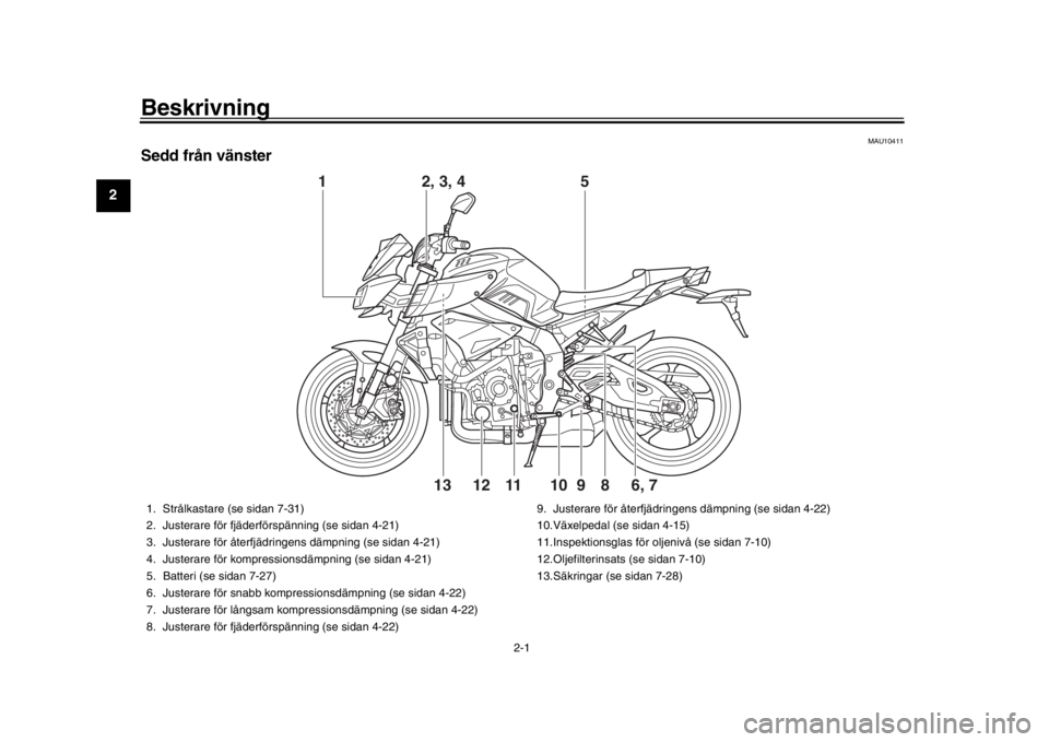 YAMAHA MT-10 2018  Bruksanvisningar (in Swedish) 2-1
12
3
4
5
6
7
8
9
10
11
12
Beskrivning
MAU10411
S edd från vänster
1
6, 7
2, 3, 4 5
98
10
11
1213
1. Strålkastare (se sidan 7-31)
2. Justerare för fjäderförspänning (se sidan 4-21)
3. Juster