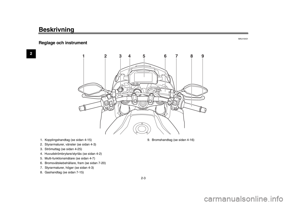 YAMAHA MT-10 2018  Bruksanvisningar (in Swedish) Beskrivning
2-3
12
3
4
5
6
7
8
9
10
11
12
MAU10431
Reglage och instrument
12 456789
3
1. Kopplingshandtag (se sidan 4-15)
2. Styrarmaturer, vänster (se sidan 4-3)
3. Strömuttag (se sidan 4-25)
4. Hu