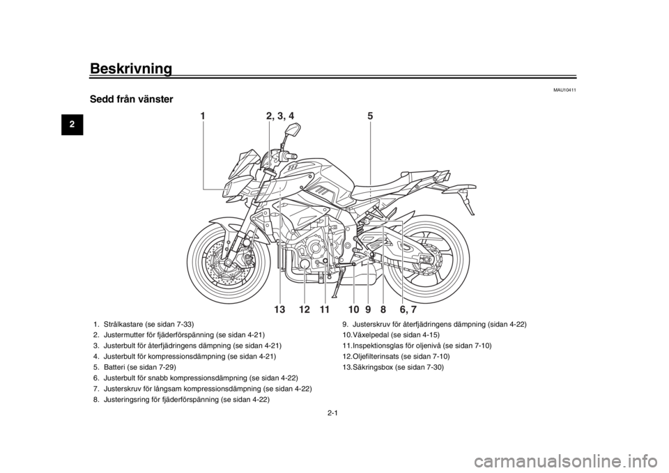 YAMAHA MT-10 2017  Bruksanvisningar (in Swedish) 2-1
12
3
4
5
6
7
8
9
10
11
12
Beskrivning
MAU10411
S edd från vänster
1
6, 7
2, 3, 4 5
98
10
11
1213
1. Strålkastare (se sidan 7-33)
2. Justermutter för fjäderförspänning (se sidan 4-21)
3. Jus