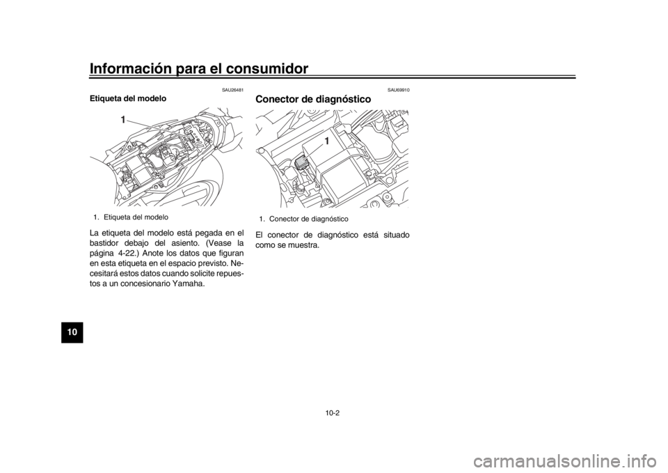 YAMAHA MT-10 2016  Manuale de Empleo (in Spanish) Información para el consumidor
10-2
1
2
3
4
5
6
7
8
910
11
12
SAU26481
Etiqueta del modelo
La etiqueta del modelo está pegada en el
bastidor debajo del asiento. (Vease la
página 4-22.) Anote los da
