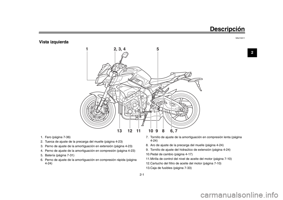 YAMAHA MT-10 2016  Manuale de Empleo (in Spanish) 2-1
123
4
5
6
7
8
9
10
11
12
Descripción
SAU10411
Vista izquierda
1
6, 7
2, 3, 4 5
98
10
11
1213
1. Faro (página 7-36)
2. Tuerca de ajuste de la precarga del muelle (página 4-23)
3. Perno de ajuste