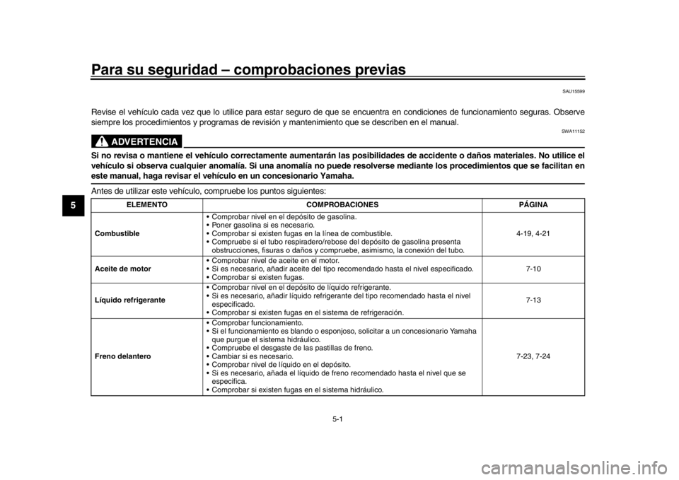 YAMAHA MT-10 2016  Manuale de Empleo (in Spanish) 5-1
1
2
3
45
6
7
8
9
10
11
12
Para su seguridad – comprobaciones previas
SAU15599
Revise el vehículo cada vez que lo utilice para estar seguro de que se encuentra en  condiciones de funcionamiento 