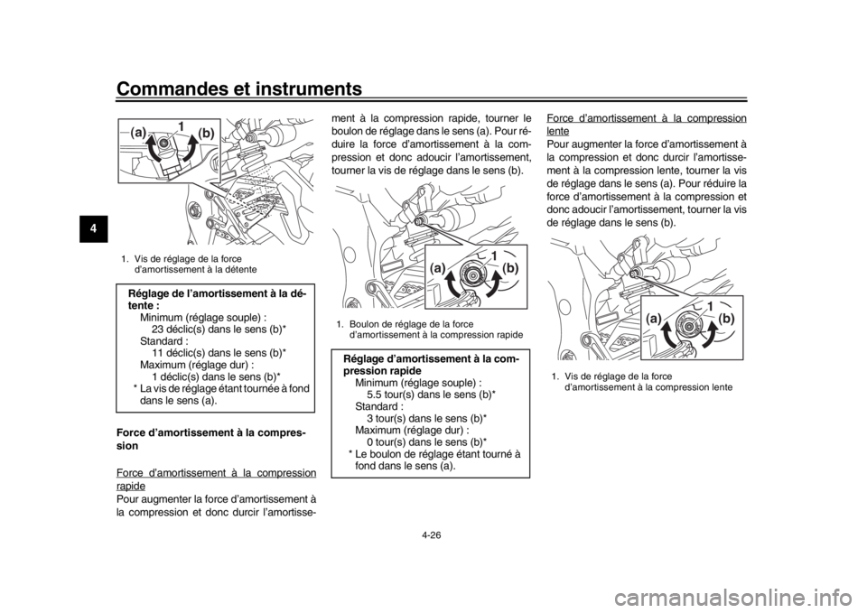 YAMAHA MT-10 2016  Notices Demploi (in French) Commandes et instruments
4-26
1
2
34
5
6
7
8
9
10
11
12
Force d’amortissement à la compres-
sion
Force d’amortissement à la compressionrapidePour augmenter la force d’amortissement à
la compr