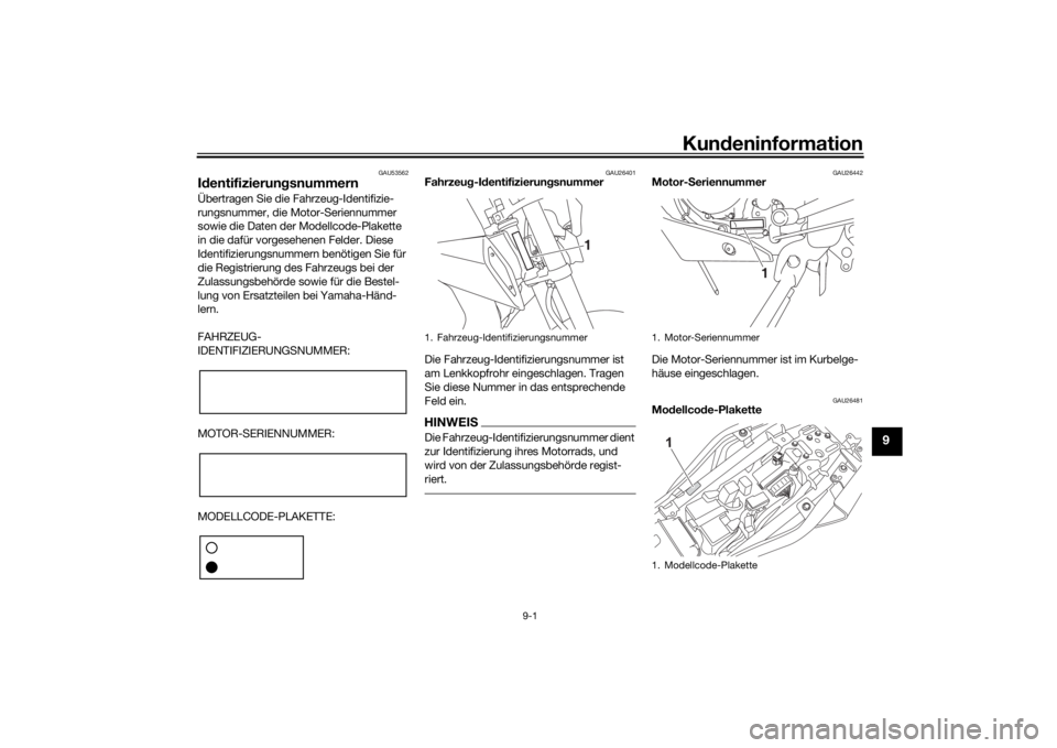 YAMAHA MT-125 2021  Betriebsanleitungen (in German) Kundeninformation
9-1
9
GAU53562
Id entifizierun gsnummernÜbertragen Sie die Fahrzeug-Identifizie-
rungsnummer, die Motor-Seriennummer 
sowie die Daten der Modellcode-Plakette 
in die dafür vorgeseh