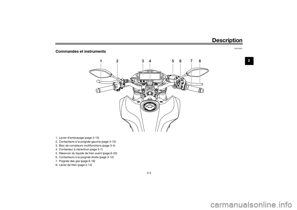 YAMAHA MT-125 2021  Notices Demploi (in French) Description
2-3
2
FAU10431
Commandes et instruments
1
2
3
4
5
6
7
8
1. Levier d’embrayage (page 3-13)
2. Contacteurs à la poig née gauche (page 3-12)
3. Bloc de compteurs multifonctions (page 3-4)