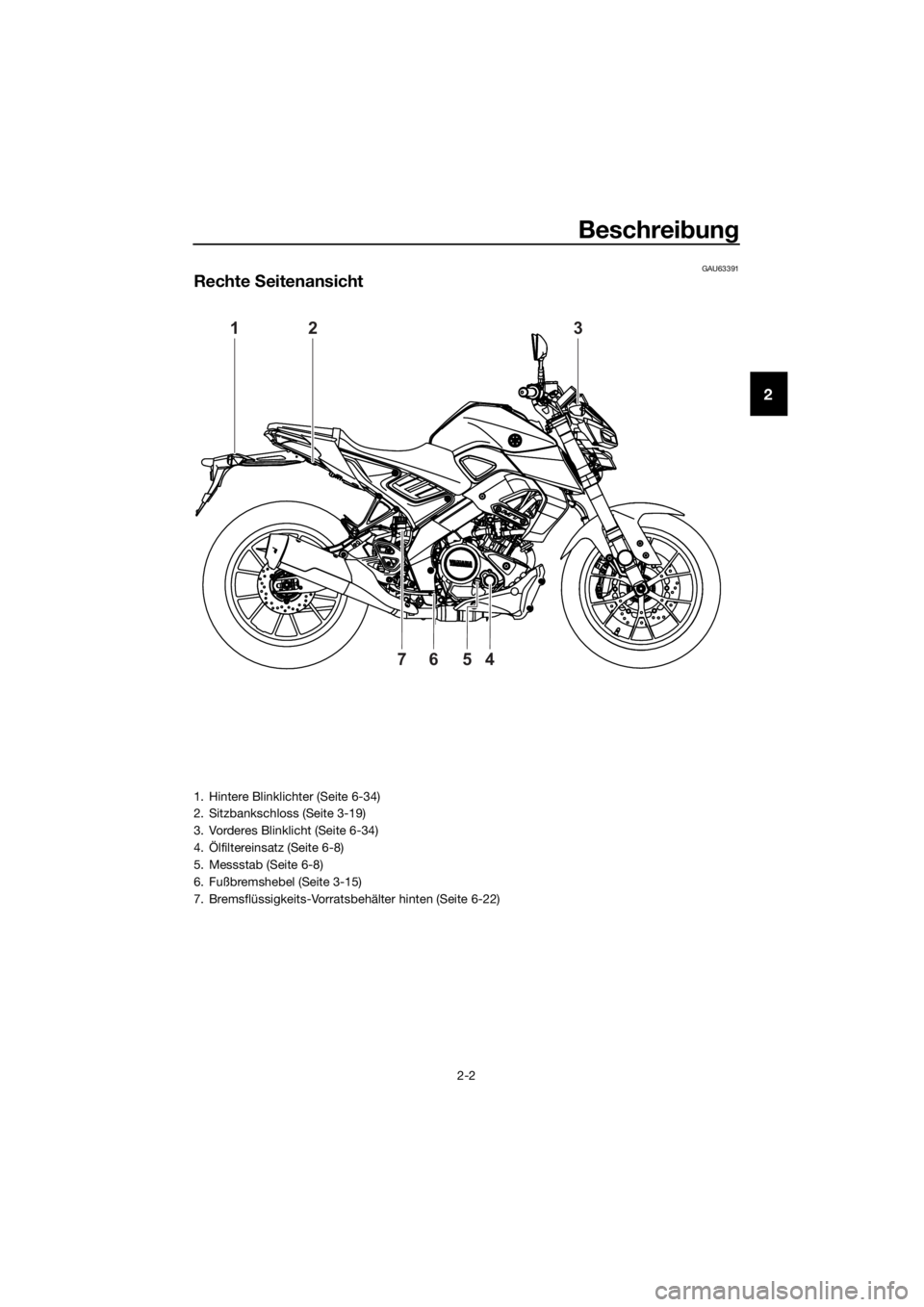 YAMAHA MT-125 2020  Betriebsanleitungen (in German) Beschreibung
2-2
2
GAU63391
Rechte Seitenansicht
123
4567
1. Hintere Blinklichter (Seite 6-34)
2. Sitzbankschloss (Seite 3-19)
3. Vorderes Blinklicht (Seite 6-34)
4. Ölfiltereinsatz (Seite 6-8)
5. Me