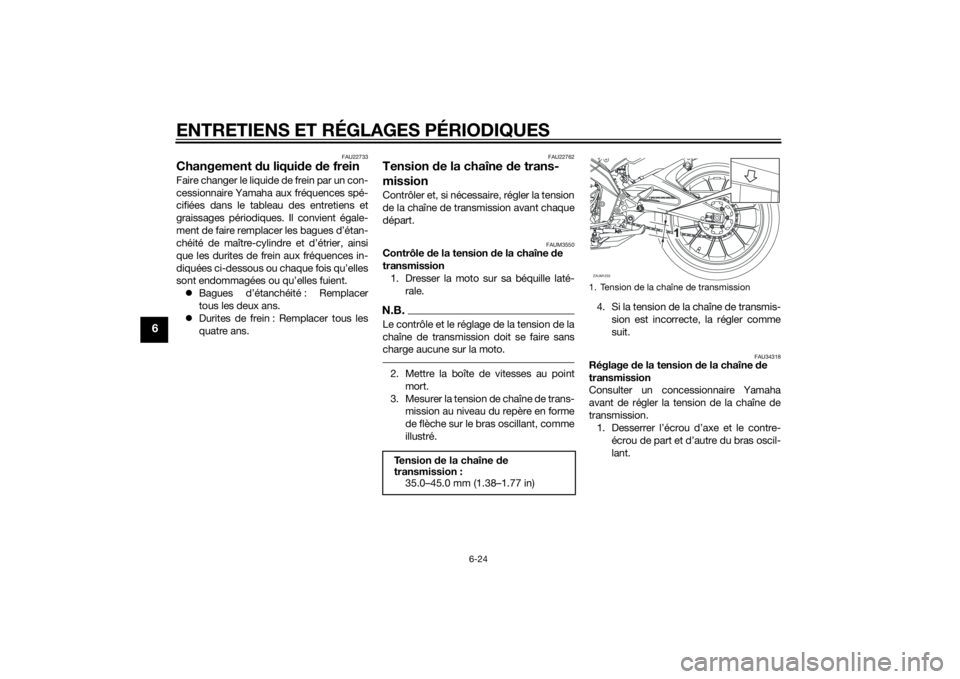YAMAHA MT-125 2015  Notices Demploi (in French) ENTRETIENS ET RÉGLAGES PÉRIODIQUES
6-24
6
FAU22733
Changement du liquide de freinFaire changer le liquide de frein par un con-
cessionnaire Yamaha aux fréquences spé-
cifiées dans le tableau des 