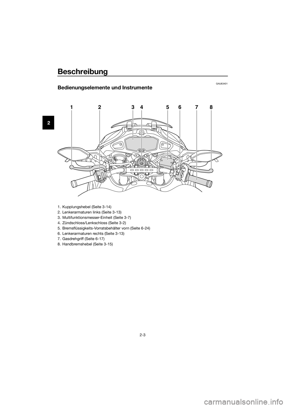 YAMAHA TRACER 700 2018  Betriebsanleitungen (in German) Beschreibung
2-3
2
GAU63401
Bedienungselemente und Instrumente
12534678
1. Kupplungshebel (Seite 3-14)
2. Lenkerarmaturen links (Seite 3-13)
3. Multifunktionsmesser-Einheit (Seite 3-7)
4. Zündschlos