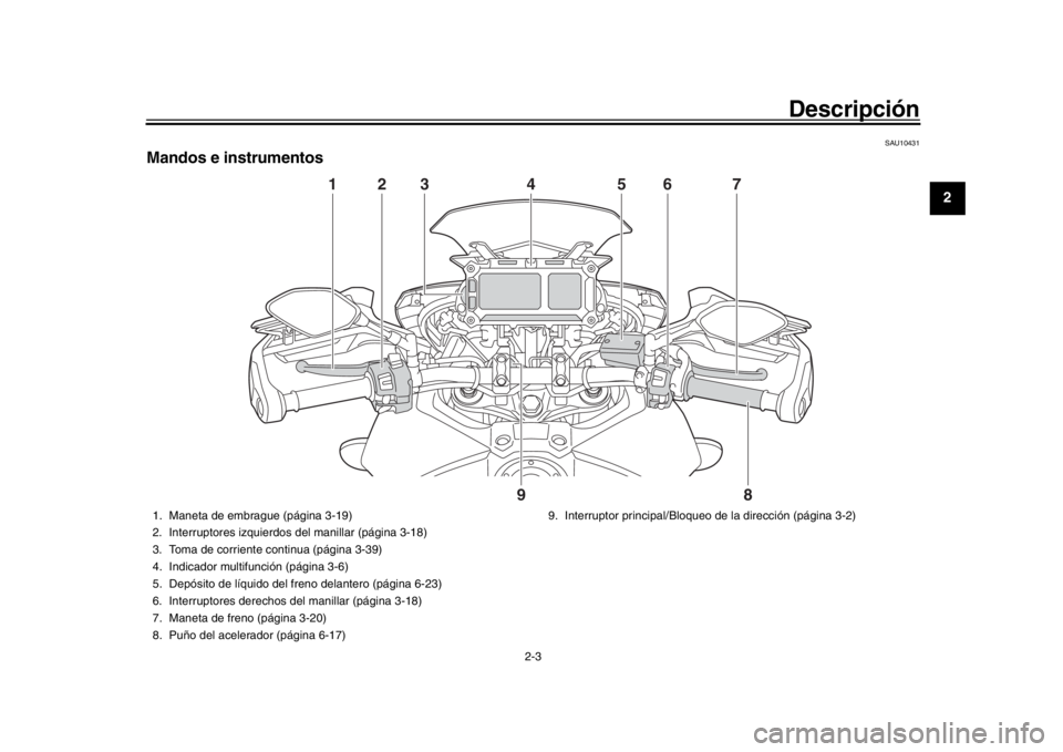 YAMAHA MT09 TRACER 2017  Betriebsanleitungen (in German) Descripción
2-3
123
4
5
6
7
8
9
10
11
12
SAU10431
Mandos e instrumentos
12 56 7
4
3
8
9
1. Maneta de embrague (página 3-19)
2. Interruptores izquierdos  del manillar (página 3-18)
3. Toma de corrie