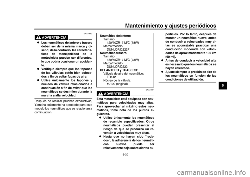 YAMAHA MT09 TRACER 2017 Betriebsanleitungen (in German) Mantenimiento y ajustes periódicos6-20
1
2
3
4
567
8
9
10
11
12
ADVERTENCIA
SWA10902
Los neumáticos delantero y trasero
deben ser de la misma marca y di-
seño; de lo contrario, las caracterís- YAMAHA MT09 TRACER 2017 Betriebsanleitungen (in German) Mantenimiento y ajustes periódicos6-20
1
2
3
4
567
8
9
10
11
12
ADVERTENCIA
SWA10902
Los neumáticos delantero y trasero
deben ser de la misma marca y di-
seño; de lo contrario, las caracterís-