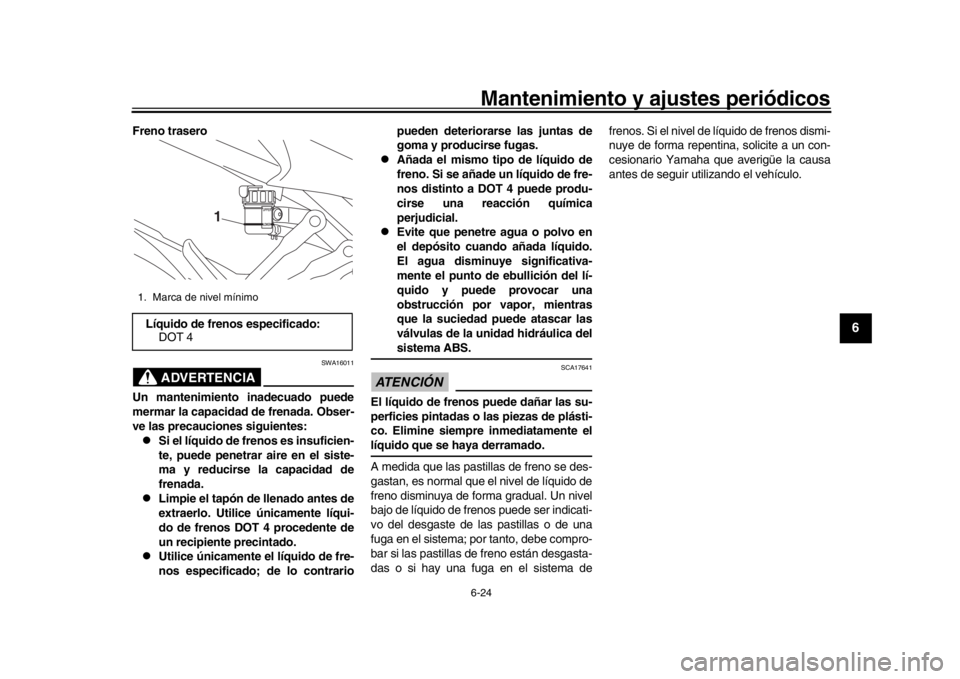 YAMAHA MT09 TRACER 2017 Betriebsanleitungen (in German) Mantenimiento y ajustes periódicos6-24
1
2
3
4
567
8
9
10
11
12
Freno trasero
ADVERTENCIA
SWA16011
Un mantenimiento inadecuado puede
mermar la capacidad de frenada. Obser-
ve las precauciones siguien YAMAHA MT09 TRACER 2017 Betriebsanleitungen (in German) Mantenimiento y ajustes periódicos6-24
1
2
3
4
567
8
9
10
11
12
Freno trasero
ADVERTENCIA
SWA16011
Un mantenimiento inadecuado puede
mermar la capacidad de frenada. Obser-
ve las precauciones siguien