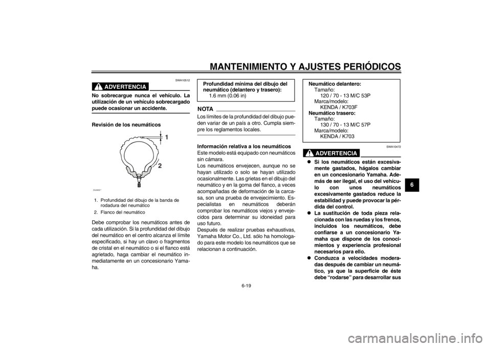 YAMAHA MAJESTY S 125 2015  Manuale de Empleo (in Spanish) MANTENIMIENTO Y AJUSTES PERIÓDICOS
6-19
2
3
4
567
8
9
ADVERTENCIA
SWA10512
No sobrecargue nunca el vehículo. La
utilización de un vehículo sobrecargadopuede ocasionar un accidente.
Revisión de lo