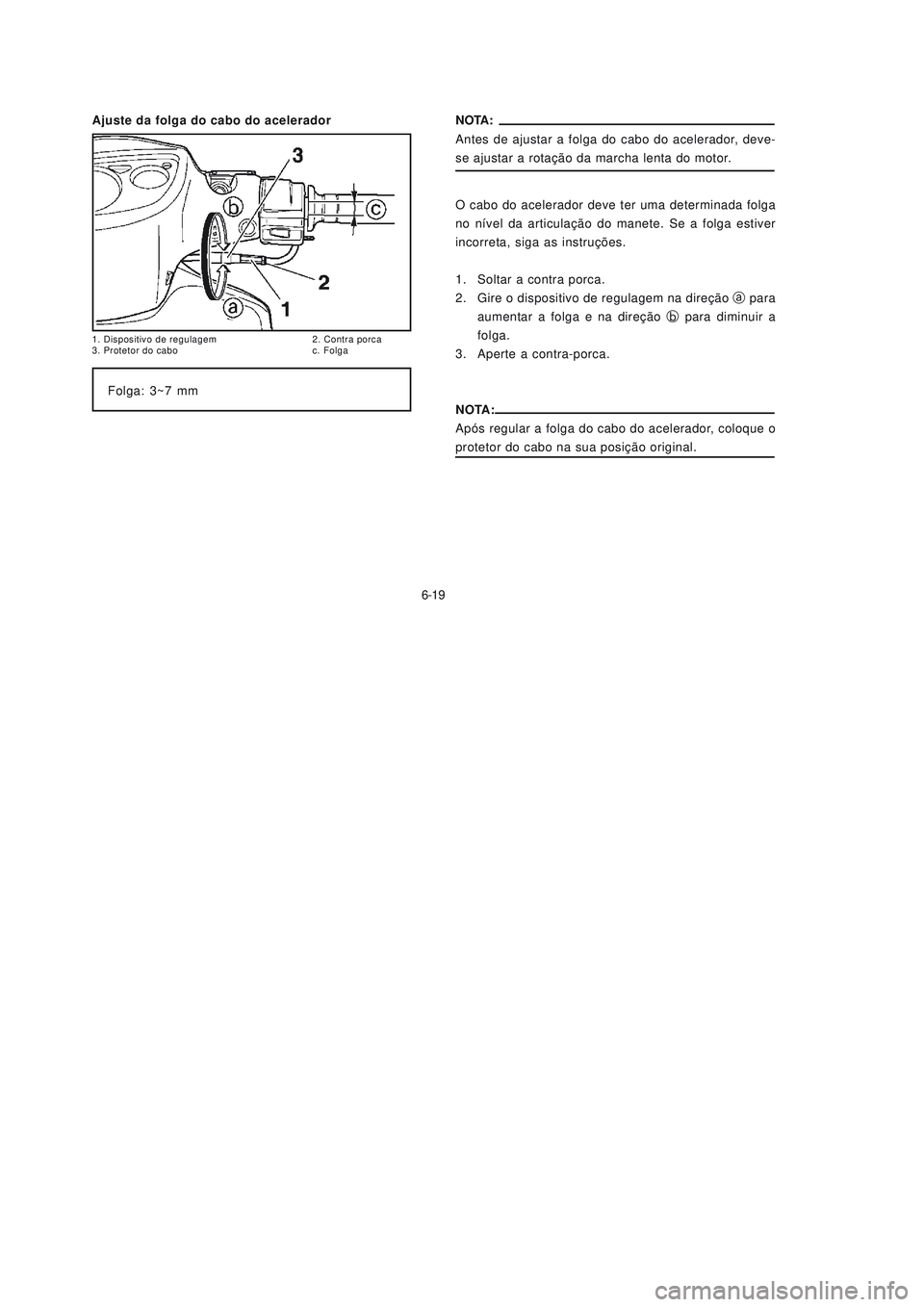 YAMAHA NEO115 2006  Manual de utilização (in Portuguese) 6-19
6-19NOTA:
Antes de ajustar a folga do cabo do acelerador, deve-
se ajustar a rotação da marcha lenta do motor.
Folga: 3~7 mm Ajuste da folga do cabo do acelerador
O cabo do acelerador deve ter 