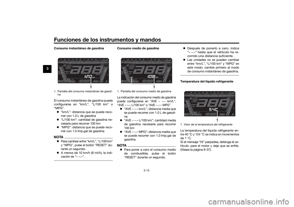 YAMAHA NIKEN 2020  Manuale de Empleo (in Spanish) Funciones de los instrumentos y man dos
3-15
3
Consumo instantáneo  de gasolina
El consumo instantáneo de gasolina puede
configurarse en “km/L”, “L/100 km” o
“MPG”.  “km/L”: dista