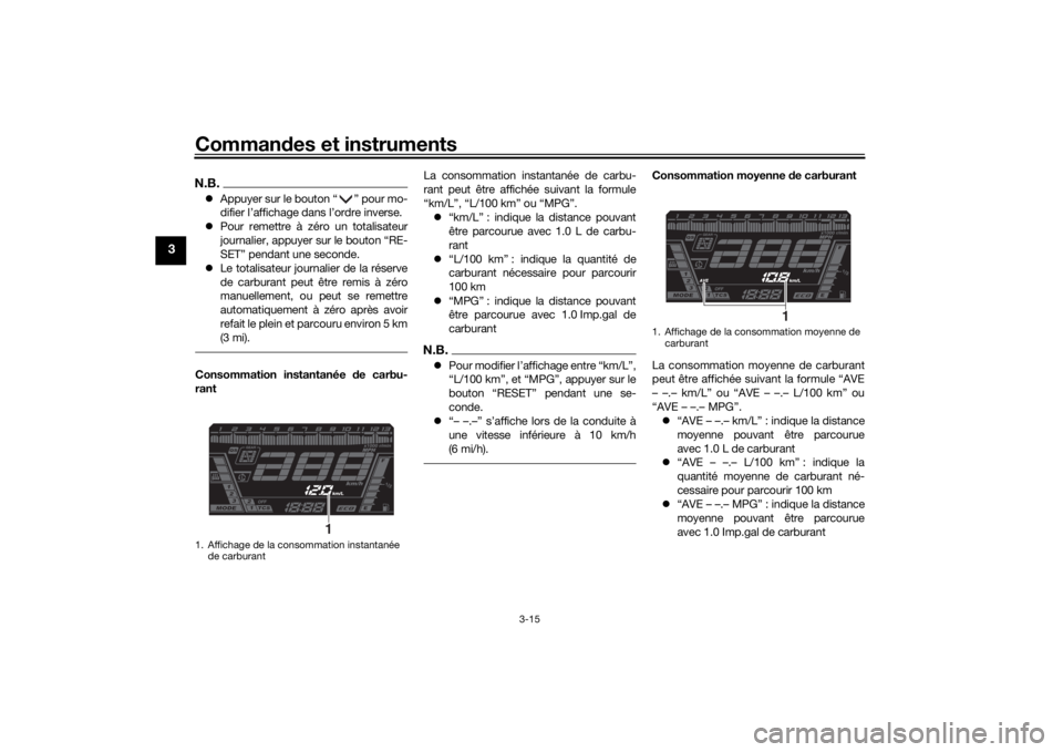 YAMAHA NIKEN GT 2020 Notices Demploi (in French) Commandes et instruments
3-15
3
N.B. Appuyer sur le bouton “ ” pour mo-
difier l’affichage dans l’ordre inverse.
Pour remettre à zéro un totalisateur
journalier, appuyer sur le bouton YAMAHA NIKEN GT 2020 Notices Demploi (in French) Commandes et instruments
3-15
3
N.B. Appuyer sur le bouton “ ” pour mo-
difier l’affichage dans l’ordre inverse.
Pour remettre à zéro un totalisateur
journalier, appuyer sur le bouton