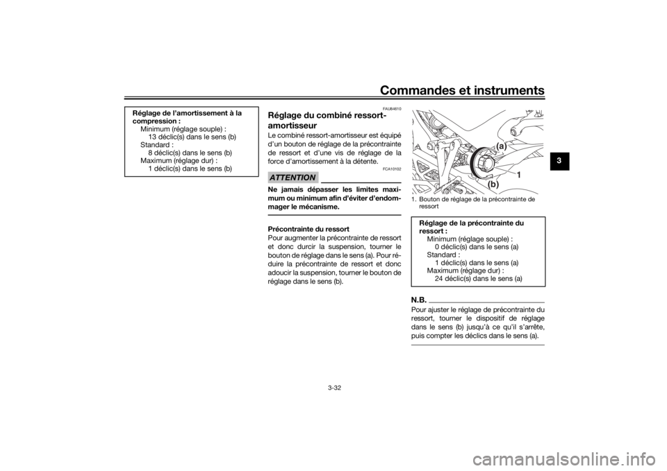 YAMAHA NIKEN GT 2019  Notices Demploi (in French) Commandes et instruments
3-32
3
FAU84610
Réglage  du combiné ressort-
amortisseurLe combiné ressort-amortisseur est équipé
d’un bouton de réglage de la précontrainte
de ressort et d’une vis