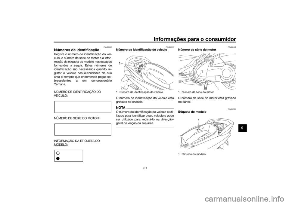 YAMAHA NMAX 125 2015  Manual de utilização (in Portuguese) Informações para o consumidor
9-1
9
PAU53562
Números  de i dentificaçãoRegiste o número de identificação do veí-
culo, o número de série do motor e a infor-
mação da etiqueta do modelo no