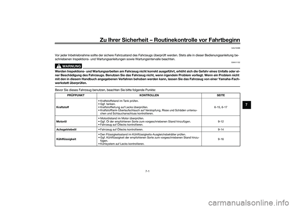 YAMAHA NMAX 155 2021 Betriebsanleitungen (in German) Zu Ihrer Sicherheit – Routinekontrolle vor Fahrt beg inn
7-1
7
GAU1559B
Vor jeder Inbetriebnahme sollte der sichere Fahrzustand des Fahrzeugs überprüft werden. Stets alle in dieser Bedienungsanlei YAMAHA NMAX 155 2021 Betriebsanleitungen (in German) Zu Ihrer Sicherheit – Routinekontrolle vor Fahrt beg inn
7-1
7
GAU1559B
Vor jeder Inbetriebnahme sollte der sichere Fahrzustand des Fahrzeugs überprüft werden. Stets alle in dieser Bedienungsanlei