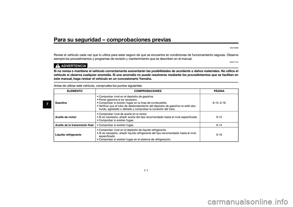 YAMAHA NMAX 155 2021 Manuale de Empleo (in Spanish) Para su seguridad – comprobaciones previas
7-1
7
SAU1559B
Revise el vehículo cada vez que lo utilice para estar seguro de que se encuentra en condiciones de funcionamiento seguras. Obse rve
siempr YAMAHA NMAX 155 2021 Manuale de Empleo (in Spanish) Para su seguridad – comprobaciones previas
7-1
7
SAU1559B
Revise el vehículo cada vez que lo utilice para estar seguro de que se encuentra en condiciones de funcionamiento seguras. Obse rve
siempr