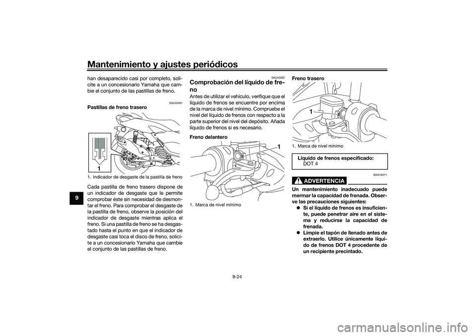 YAMAHA NMAX 155 2021 Manuale de Empleo (in Spanish) Mantenimiento y ajustes periódicos
9-24
9
han desaparecido casi por completo, soli-
cite a un concesionario Yamaha que cam-
bie el conjunto de las pastillas de freno.
SAU22461
Pastillas de freno tra YAMAHA NMAX 155 2021 Manuale de Empleo (in Spanish) Mantenimiento y ajustes periódicos
9-24
9
han desaparecido casi por completo, soli-
cite a un concesionario Yamaha que cam-
bie el conjunto de las pastillas de freno.
SAU22461
Pastillas de freno tra