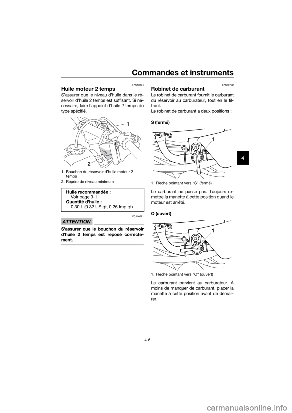 YAMAHA PW50 2022  Notices Demploi (in French) Commandes et instruments
4-6
4
FAU13454
Huile moteur 2 temps
S’assurer que le niveau d’huile dans le ré-
servoir d’huile 2 temps est suffisant. Si né-
cessaire, faire l’appoint d’huile 2 t