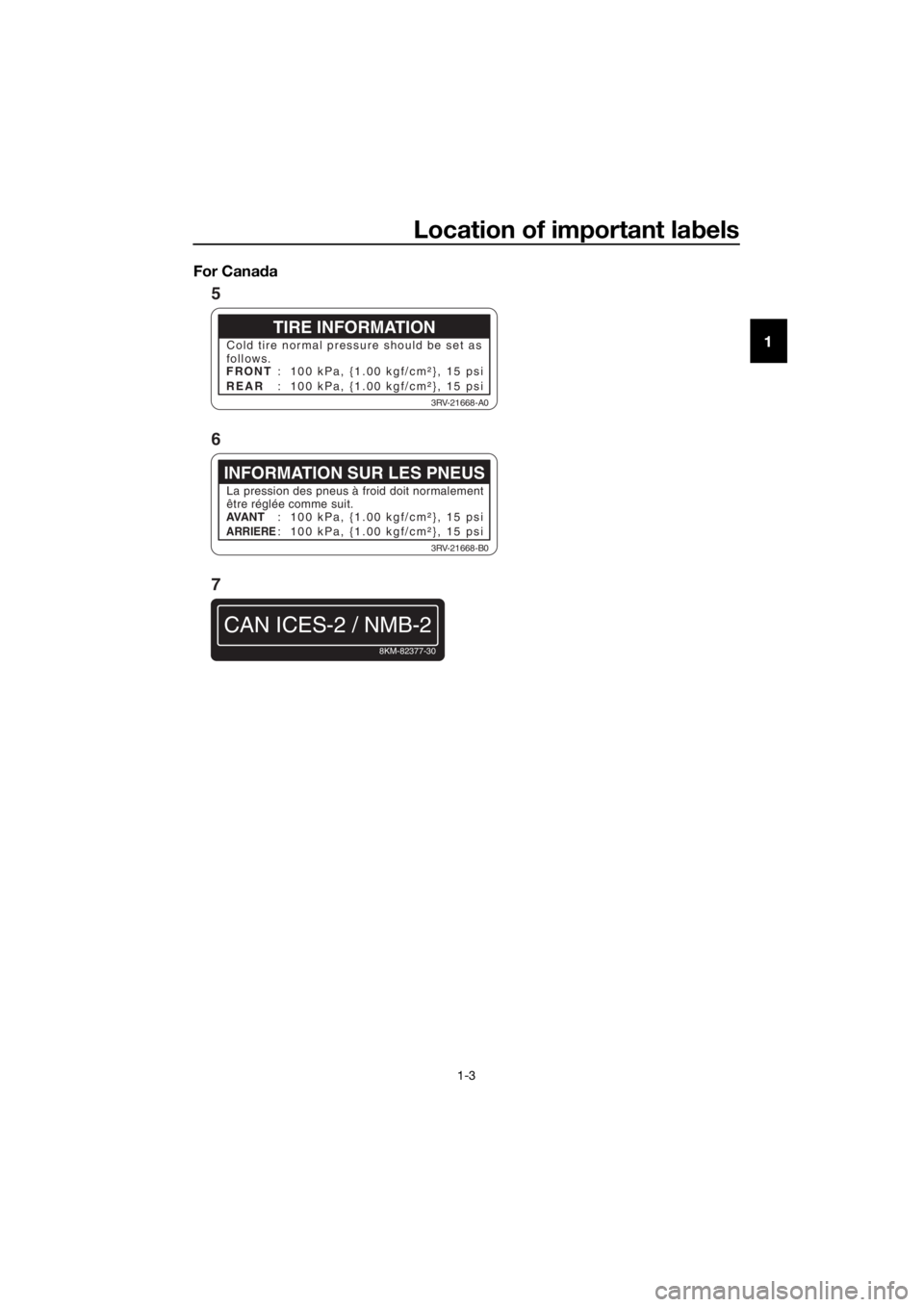 YAMAHA PW50 2019  Owners Manual Location of important labels
1-3
1
For Cana
daTIRE INFORMATION
Cold tire normal pressu re should be set as
follows.
FRONT
REAR :  100 kPa, {1.00 kgf/cm²}, 15 psi
:  100 kPa, {1.00 kgf/cm²}, 15 psi
3