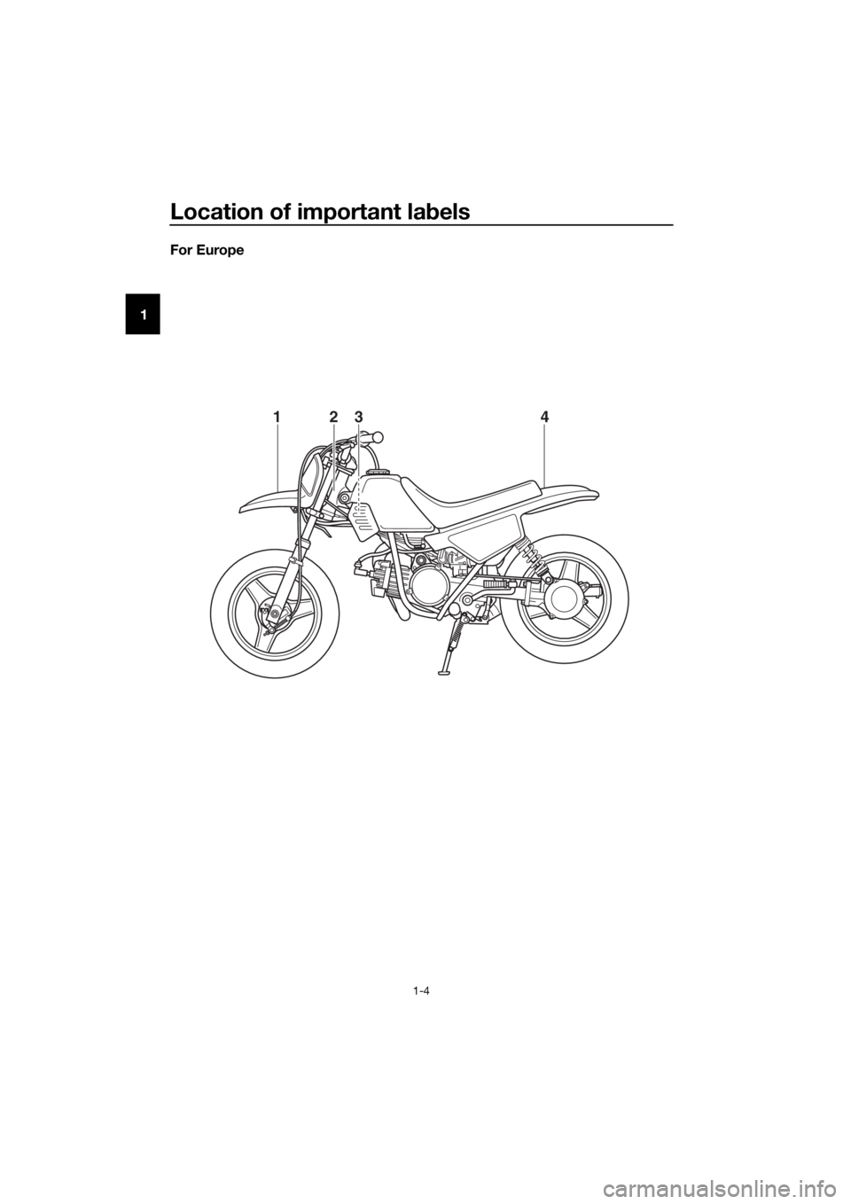 YAMAHA PW50 2019  Owners Manual Location of important labels
1-4
1 For Europe
4321
U2SA85E0.book  Page 4  Friday, May 11, 2018  9:07 AM 