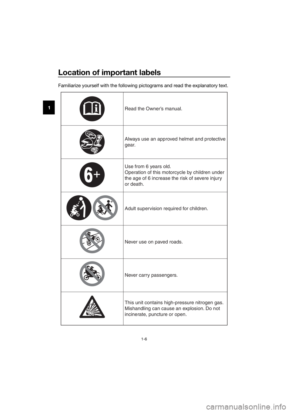 YAMAHA PW50 2019  Owners Manual Location of important labels
1-6
1 Familiarize yourself with the following pictograms and read the explanatory text.Read the Owner’s man
ual.
Always use an appro ved helmet and protecti ve 
gear.
Us
