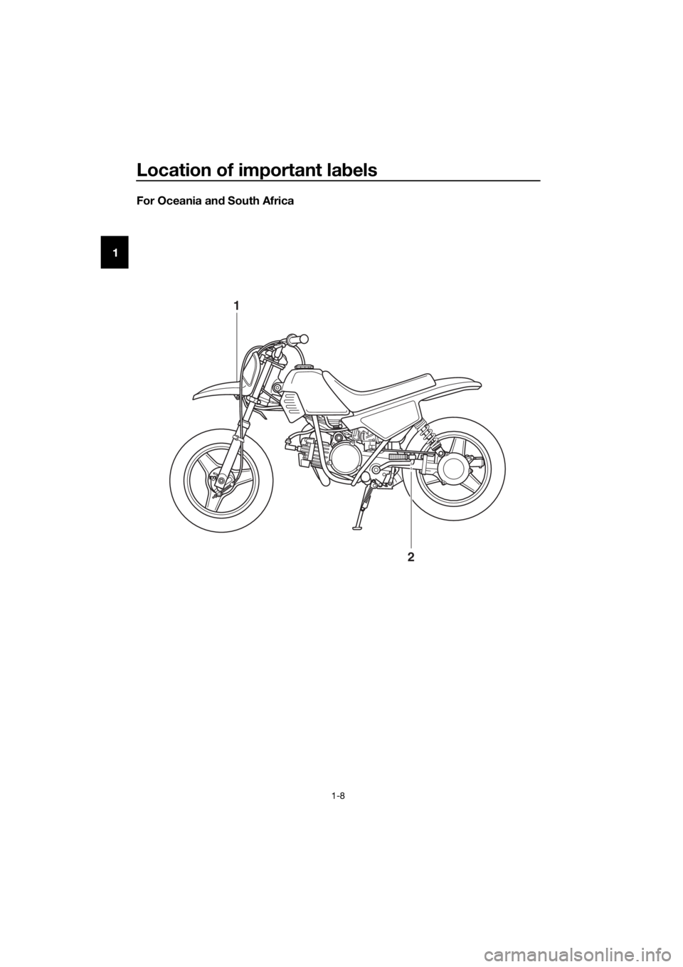 YAMAHA PW50 2019  Owners Manual Location of important labels
1-8
1 For Oceania and
 South Africa
1
2
U2SA85E0.book  Page 8  Friday, May 11, 2018  9:07 AM 