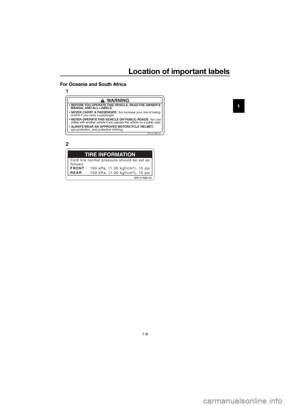 YAMAHA PW50 2019  Owners Manual Location of important labels
1-9
1
For Oceania an
d South Africa
TIRE INFORMATION
Cold tire normal pressu re should be set as
follows.
FRONT
REAR :  100 kPa, {1.00 kgf/cm²}, 15 psi
:  100 kPa, {1.00 