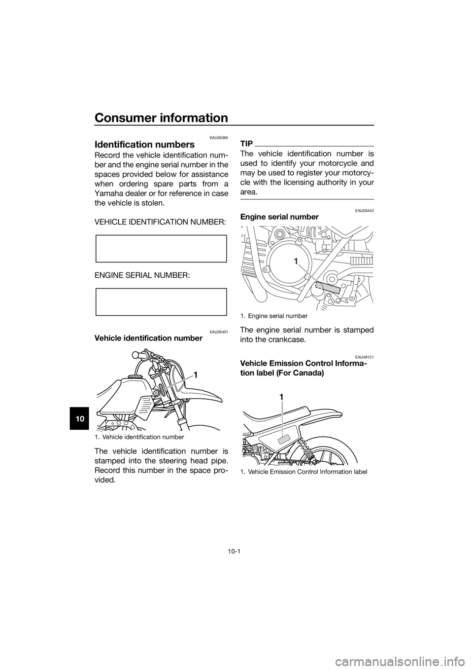 YAMAHA PW50 2019  Owners Manual Consumer information
10-1
10
EAU26365
Id entification num bers
Record the vehicle identification num-
ber and the engine serial number in the
spaces provided below for assistance
when ordering spare p