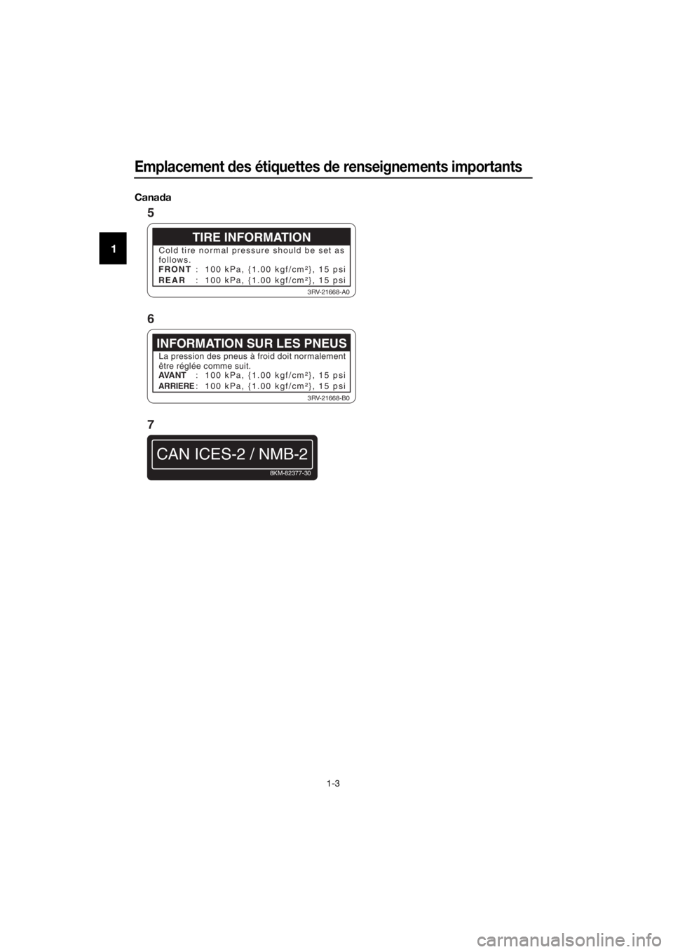 YAMAHA PW50 2018  Notices Demploi (in French) Emplacement des étiquettes  de renseignements importants
1-3
1
Cana da
TIRE INFORMATION
Cold tire normal pressu re should be set as
follows.
FRONT
REAR :  100 kPa, {1.00 kgf/cm²}, 15 psi
:  100 kPa,
