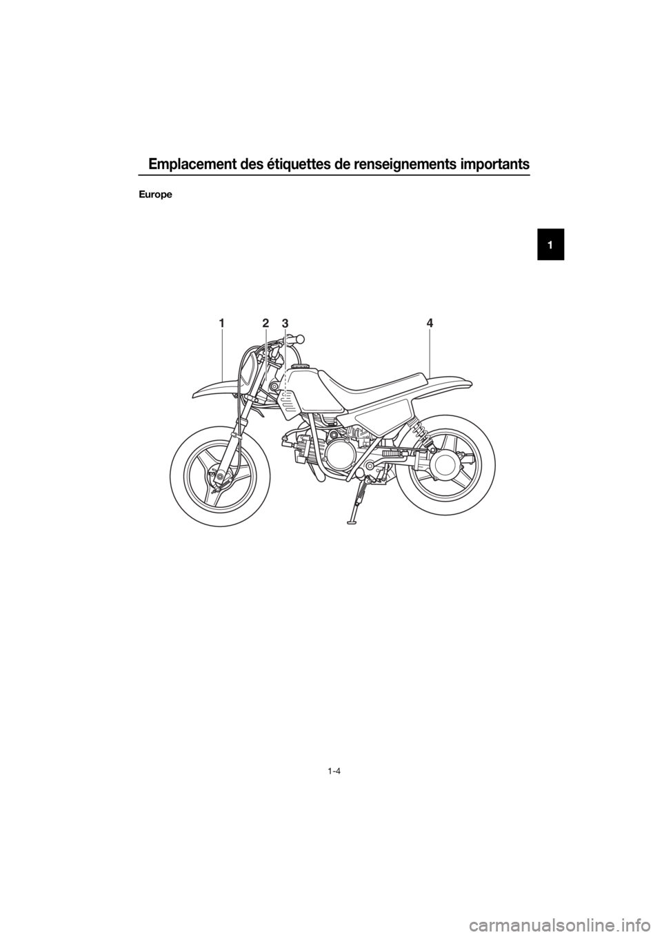 YAMAHA PW50 2018  Notices Demploi (in French) Emplacement des étiquettes  de renseignements importants
1-4
1
Europe
4321
U2SA84F0.book  Page 4  Tuesday, May 9, 2017  2:57 PM 