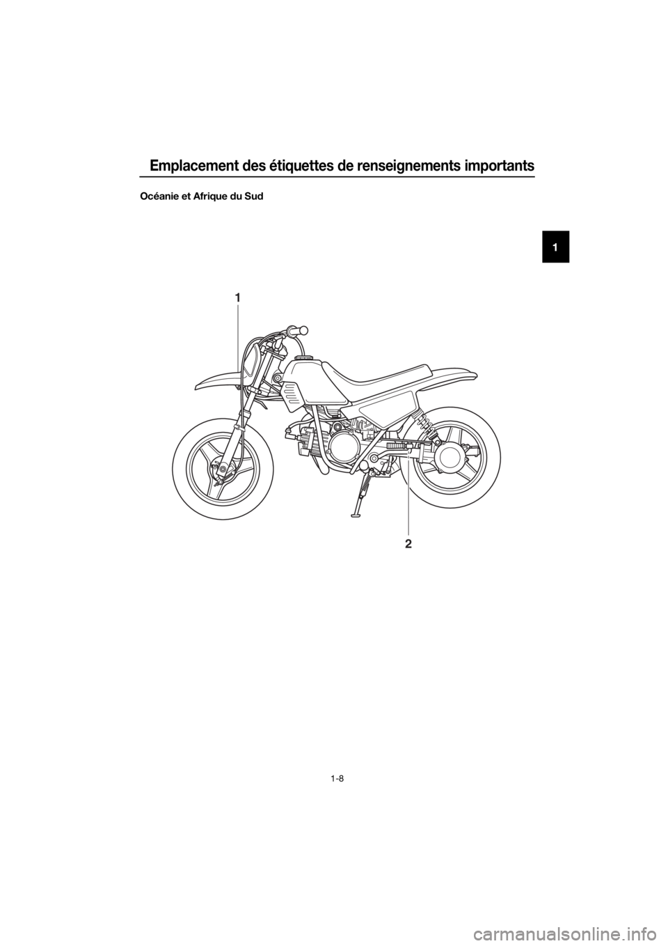 YAMAHA PW50 2018  Notices Demploi (in French) Emplacement des étiquettes  de renseignements importants
1-8
1
Océanie et Afrique  du Su d
1
2
U2SA84F0.book  Page 8  Tuesday, May 9, 2017  2:57 PM 