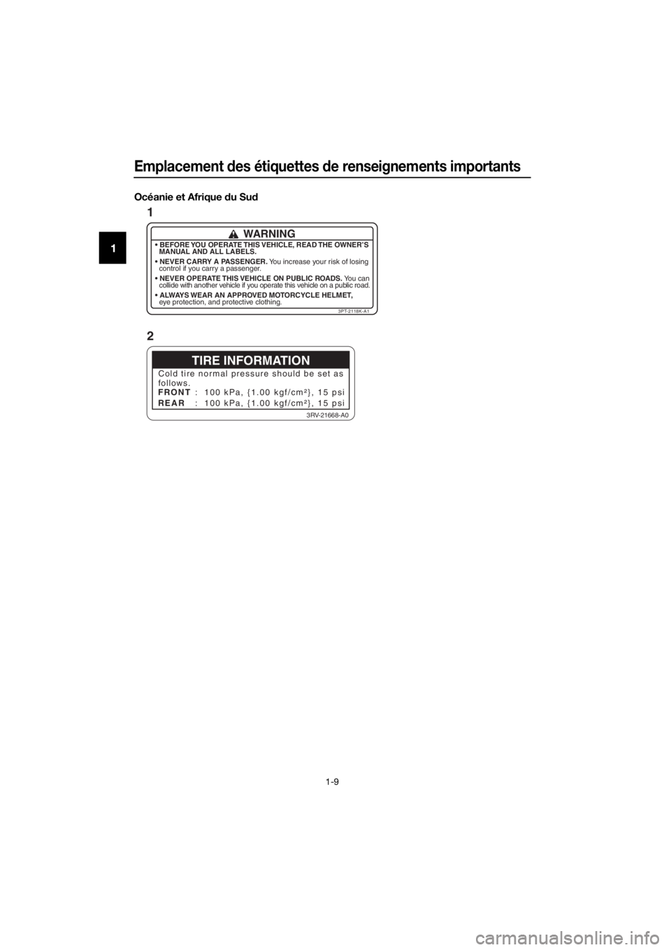YAMAHA PW50 2018  Notices Demploi (in French) Emplacement des étiquettes  de renseignements importants
1-9
1
Océanie et Afrique d u Sud
TIRE INFORMATION
Cold tire normal pressu re should be set as
follows.
FRONT
REAR :  100 kPa, {1.00 kgf/cm²}
