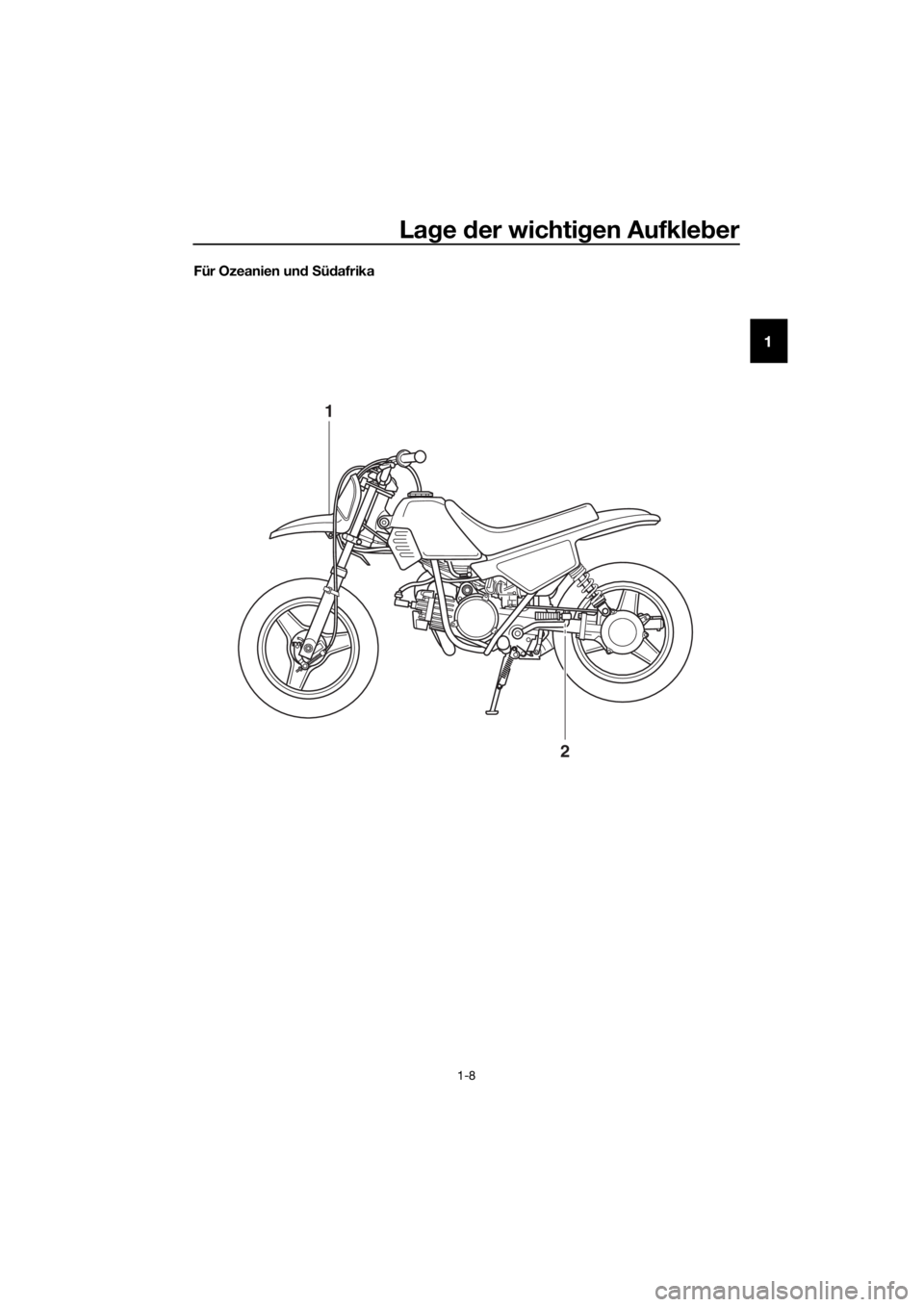 YAMAHA PW50 2017  Betriebsanleitungen (in German) Lage  der wichti gen Aufkle ber
1-8
1
Für Ozeanien un d S üd afrika
1
2
U2SA83G0.book  Page 8  Tuesday, July 12, 2016  4:08 PM 