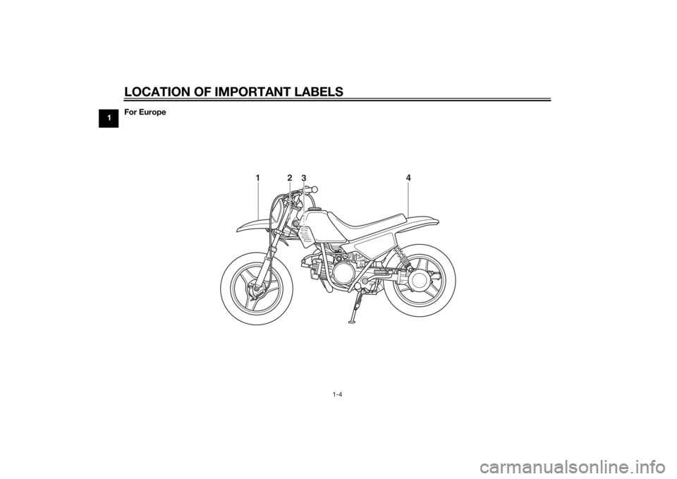 YAMAHA PW50 2015  Owners Manual LOCATION OF IMPORTANT LABELS
1-4
1For Europe
4
3
2
1
U2SA81E0.book  Page 4  Monday, June 2, 2014  2:00 PM 