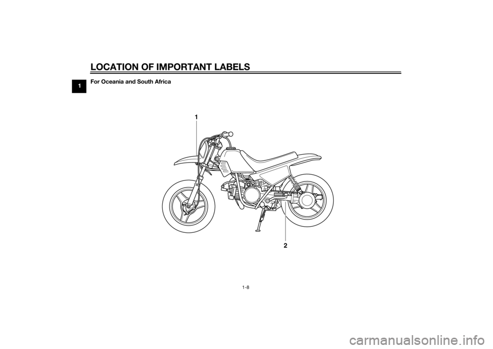 YAMAHA PW50 2015  Owners Manual LOCATION OF IMPORTANT LABELS
1-8
1For Oceania an
d South Africa
1
2
U2SA81E0.book  Page 8  Monday, June 2, 2014  2:00 PM 