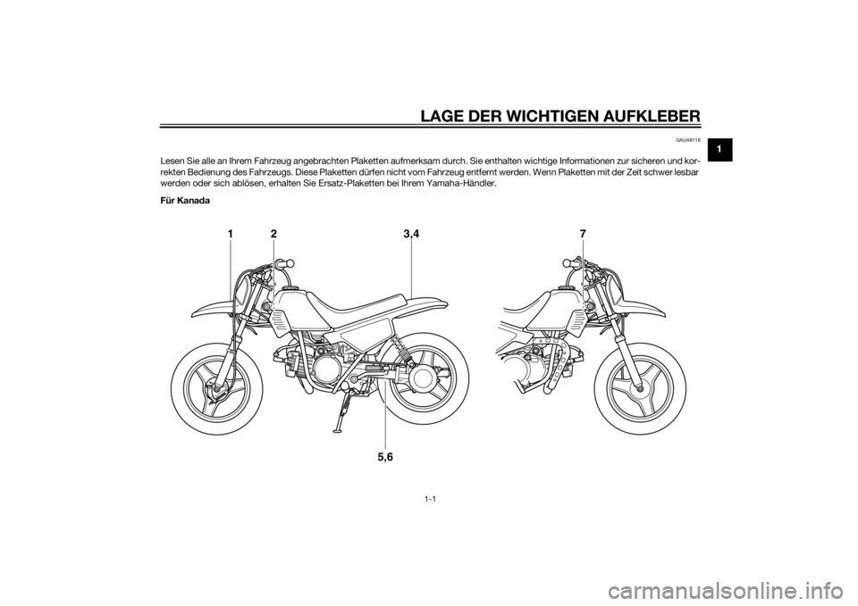 YAMAHA PW50 2015  Betriebsanleitungen (in German) LAGE DER WICHTIGEN AUFKLEBER1-1
1
GAU48116
Lesen Sie alle an Ihrem Fahrzeug angebrachten Plaketten aufmerksam durch. Sie enthalten wichtige Informationen zur sicheren und kor-
rekten Bedienung des Fah