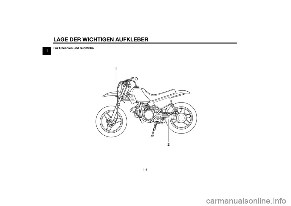 YAMAHA PW50 2015  Betriebsanleitungen (in German) LAGE DER WICHTIGEN AUFKLEBER
1-8
1
Für Ozeanien und S üd afrika
1
2
U2SA81G0.book  Page 8  Thursday, May 29, 2014  4:08 PM 