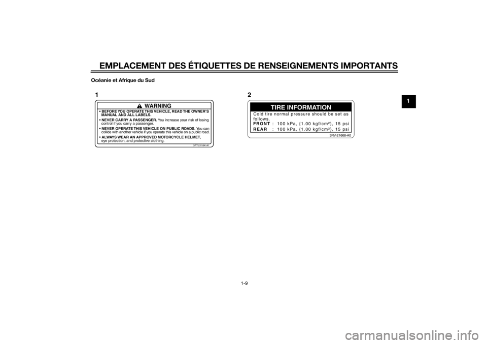 YAMAHA PW50 2014  Notices Demploi (in French) EMPLACEMENT DES ÉTIQUETTES DE RENSEIGNEMENTS IMPORTANTS
1-9
1
Océanie et Afrique du Su d
TIRE INFORMATION
Cold tire normal pressure should be set as
follows.
FRONT
REAR :  100 kPa, {1.00 kgf/cm²}, 