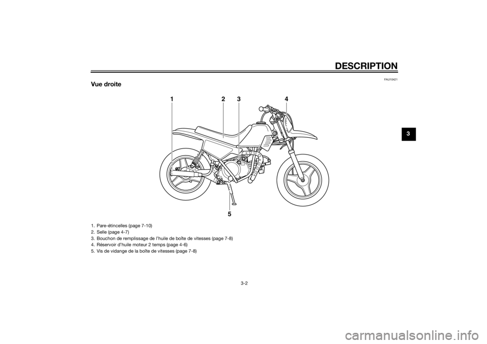 YAMAHA PW50 2014  Notices Demploi (in French) DESCRIPTION
3-2
3
FAU10421
Vue droite
1
2
3
4
5
1. Pare-étincelles (page 7-10)
2. Selle (page 4-7)
3. Bouchon de remplissage de l’huile de boîte de vitesses (page 7-8)
4. Réservoir d’huile mote