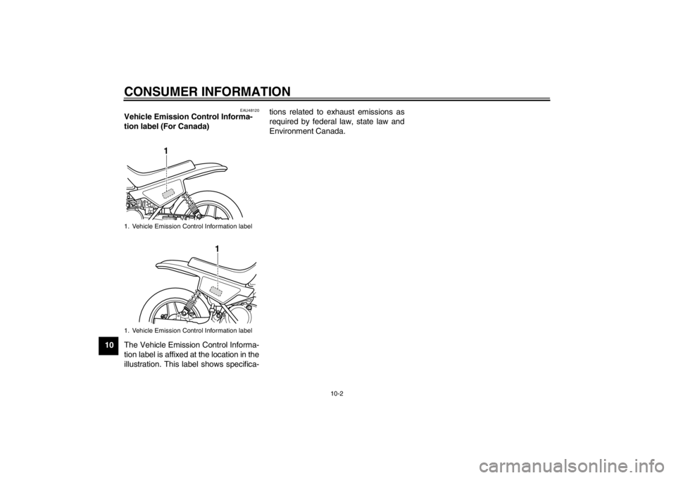 YAMAHA PW50 2013  Owners Manual CONSUMER INFORMATION
10-2
10
EAU48120
Vehicle Emission Control Informa-
tion label (For Canada) 
The Vehicle Emission Control Informa-
tion label is affixed at the location in the
illustration. This l