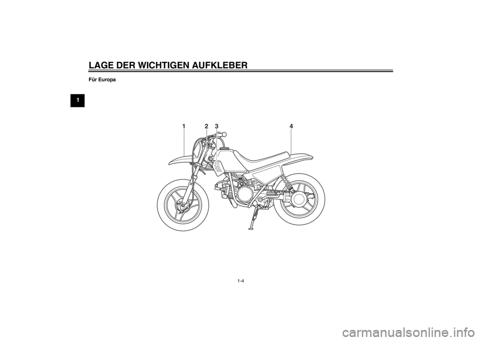 YAMAHA PW50 2013  Betriebsanleitungen (in German) LAGE DER WICHTIGEN AUFKLEBER
1-4
1
Für Europa
4
3
2
1
U5PG8BG0.book  Page 4  Friday, June 22, 2012  10:22 AM 