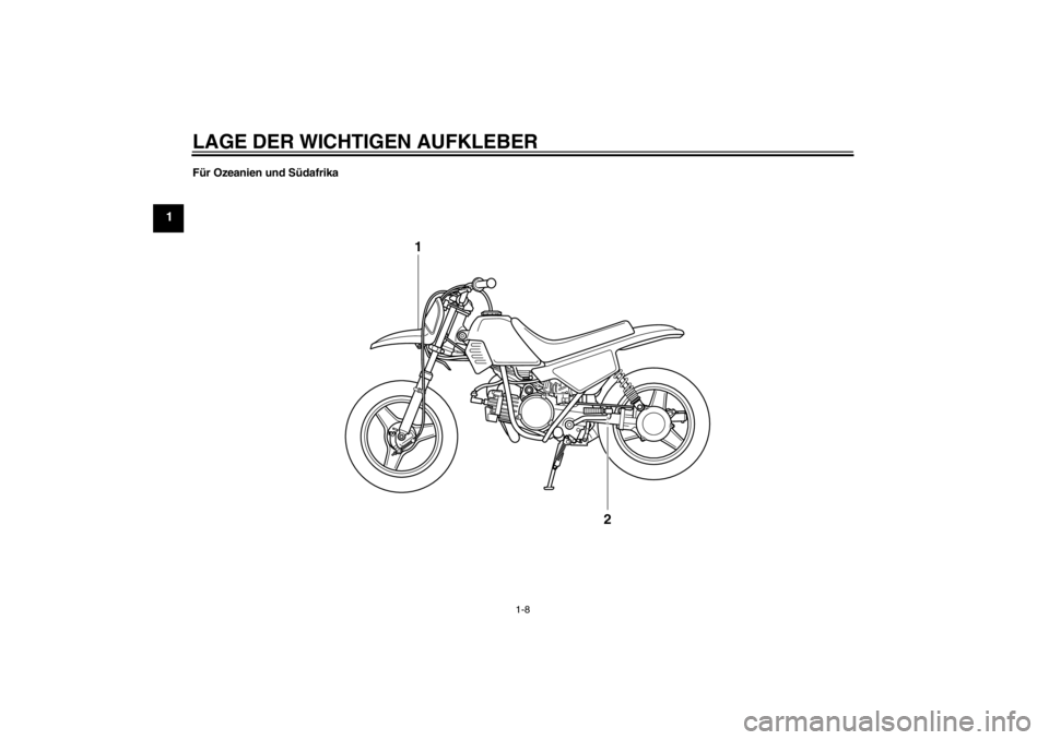 YAMAHA PW50 2013  Betriebsanleitungen (in German) LAGE DER WICHTIGEN AUFKLEBER
1-8
1
Für Ozeanien und Südafrika
1
2
U5PG8BG0.book  Page 8  Friday, June 22, 2012  10:22 AM 
