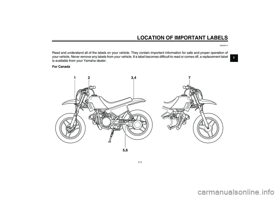 YAMAHA PW50 2011  Owners Manual LOCATION OF IMPORTANT LABELS1-1
1
EAU48114
Read and understand all of the labels on your vehicle. They contain important information for safe and proper operation of
your vehicle. Never remove any lab