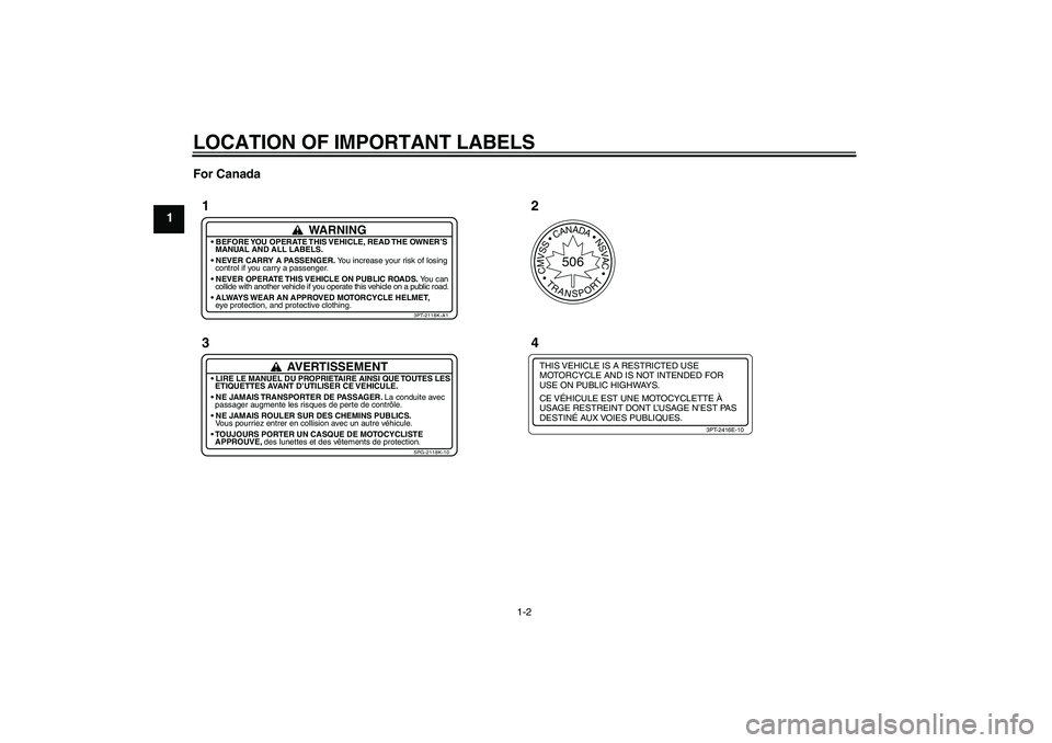 YAMAHA PW50 2011 Owners Manual LOCATION OF IMPORTANT LABELS
1-2
1For Canada
THIS VEHICLE IS A RESTRICTED USE
MOTORCYCLE AND IS NOT INTENDED FOR
USE ON PUBLIC HIGHWAYS.
CE VÉHICULE EST UNE MOTOCYCLETTE À
USAGE RESTREINT DONT L’U YAMAHA PW50 2011 Owners Manual LOCATION OF IMPORTANT LABELS
1-2
1For Canada
THIS VEHICLE IS A RESTRICTED USE
MOTORCYCLE AND IS NOT INTENDED FOR
USE ON PUBLIC HIGHWAYS.
CE VÉHICULE EST UNE MOTOCYCLETTE À
USAGE RESTREINT DONT L’U